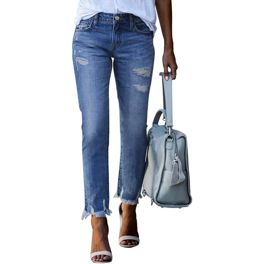 Women's High Waisted Ripped Stretch Jeans Ankle Straight Casual